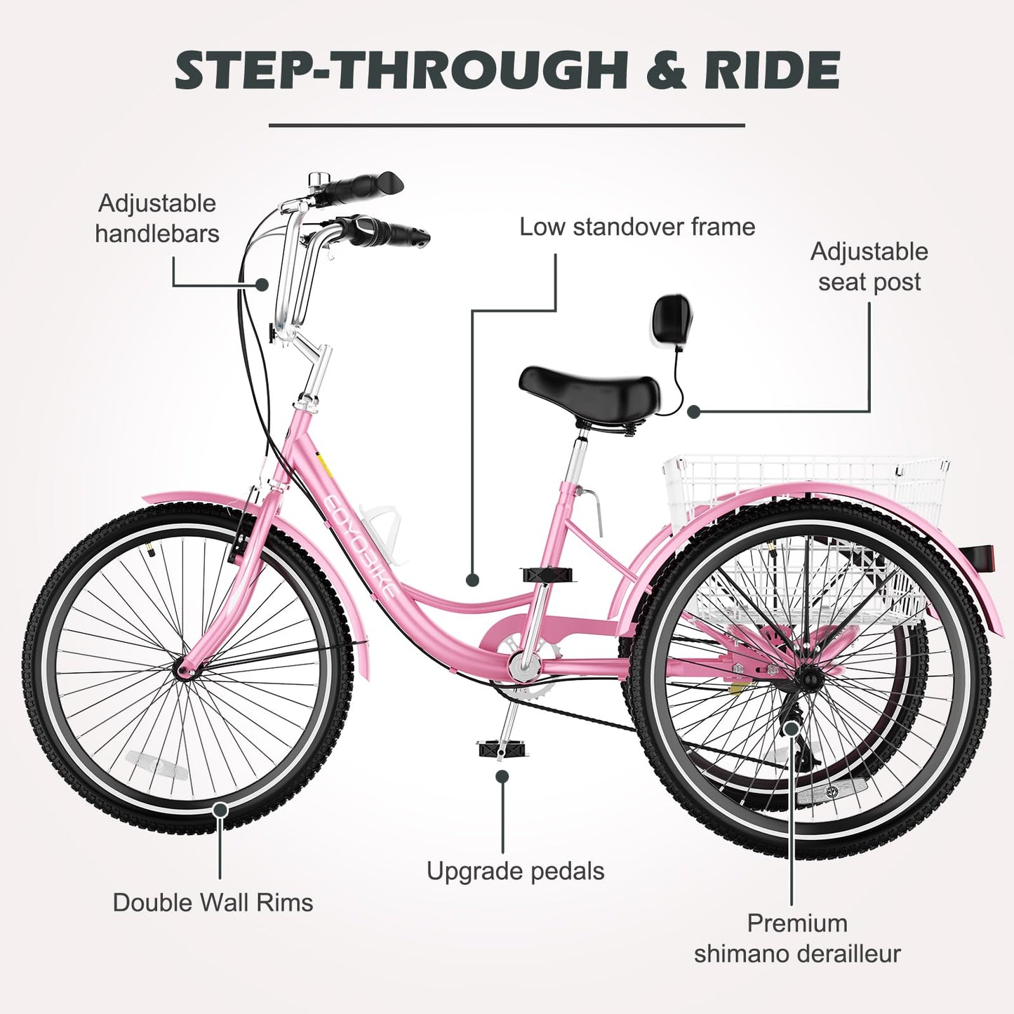 H&ZT Adult Tricycle, 3 Wheeled Bike, Trike Cruiser Bike, with 7-Speed Gear, Parking Brake Handle, Low Step, Large Rear Basket, Elderly Friendly, for Men, Women, and Teens