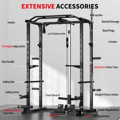 JEEKEE Power Rack with LAT Pulldown, 2000LBS Power Cage with Cable System, Multi-Function Squat Rack with J-Hooks, Safety Bars, Landmine, Pull Up Bar & Attachments for Home Gym Strength Training,Black