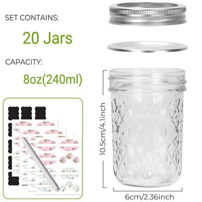 Keketin 8 oz Mason Jars with Airtight Lids,20 Pack Regular Mouth Glass Canning Jars,240ml Glass Mason Jar Diamond Jelly Jars for Honey,Jam Preserving,Fruits Salad,Baby Foods,Party Favors