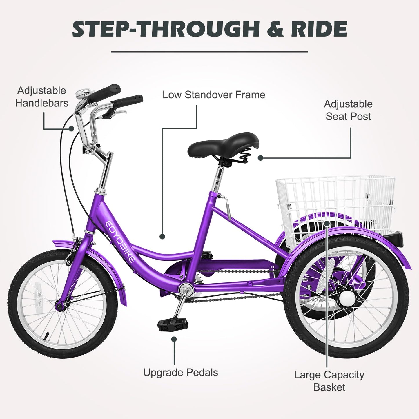 H&ZT Adult Tricycle, 3 Wheeled Bike, Trike Cruiser Bike, with 7-Speed Gear, Parking Brake Handle, Low Step, Large Rear Basket, Elderly Friendly, for Men, Women, and Teens
