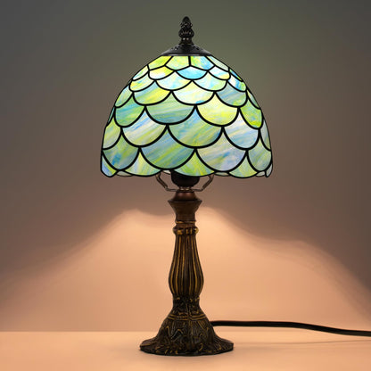 MOAN Small Lamp Stained Glass Table Lamp 8X14.5 Inch Bedside Reading Light Antique Light Desk Lamp(Green Fish Scale Style)