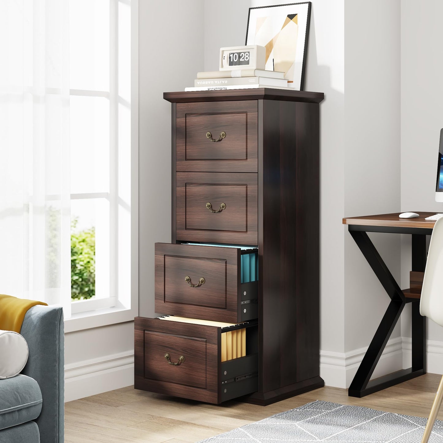 Tribesigns 4-Drawer File Filing Cabinet, Vertical File Cabinet Office Wood Filing Cabinet for A4 /Letter Size Narrow Tall File Storage for Home Office, Walnut