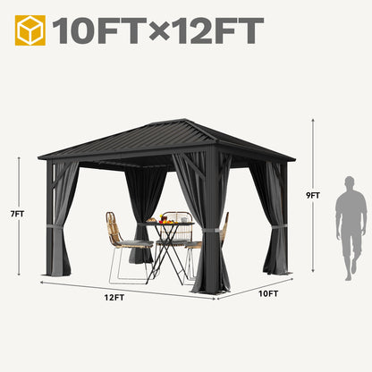 DWVO Gazebo Hardtop 10x12ft Single Roof Heavy Duty Canopy Galvanized Steel Outdoor with Nettings and Curtains for Patio, Backyard, Deck, Lawns, Grey