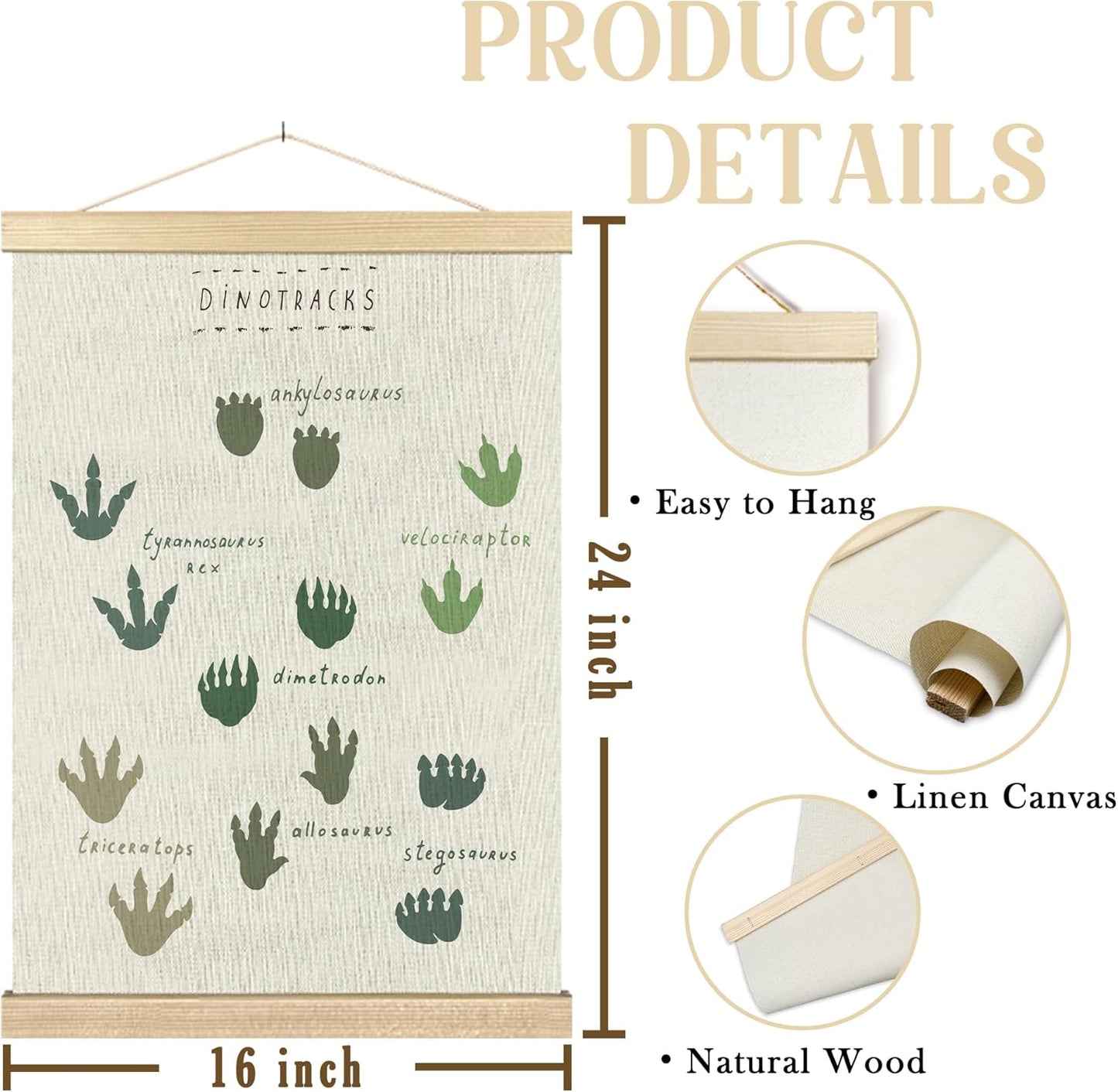 16x24 Inches BCUANGD Dinosaur Dino Paws Wall Decor - Baby Toddler Boys Room Wall Art Poster Hanger with Wood Frames