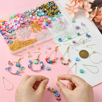Echoed Elegance DIY Earring Making Kit with Butterfly Glass, Flower Polymer Clay Beads, Mixed Color Metal Findings, Storage Box for Dangle Earrings, Hoop Earrings and Personalized Gifts