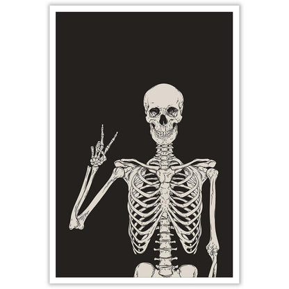 Funny Black Skeleton Canvas Wall Art Spooky Decor Halloween Poster High Hand Peace Print Bones Minimalist Background 12X16in Unframed