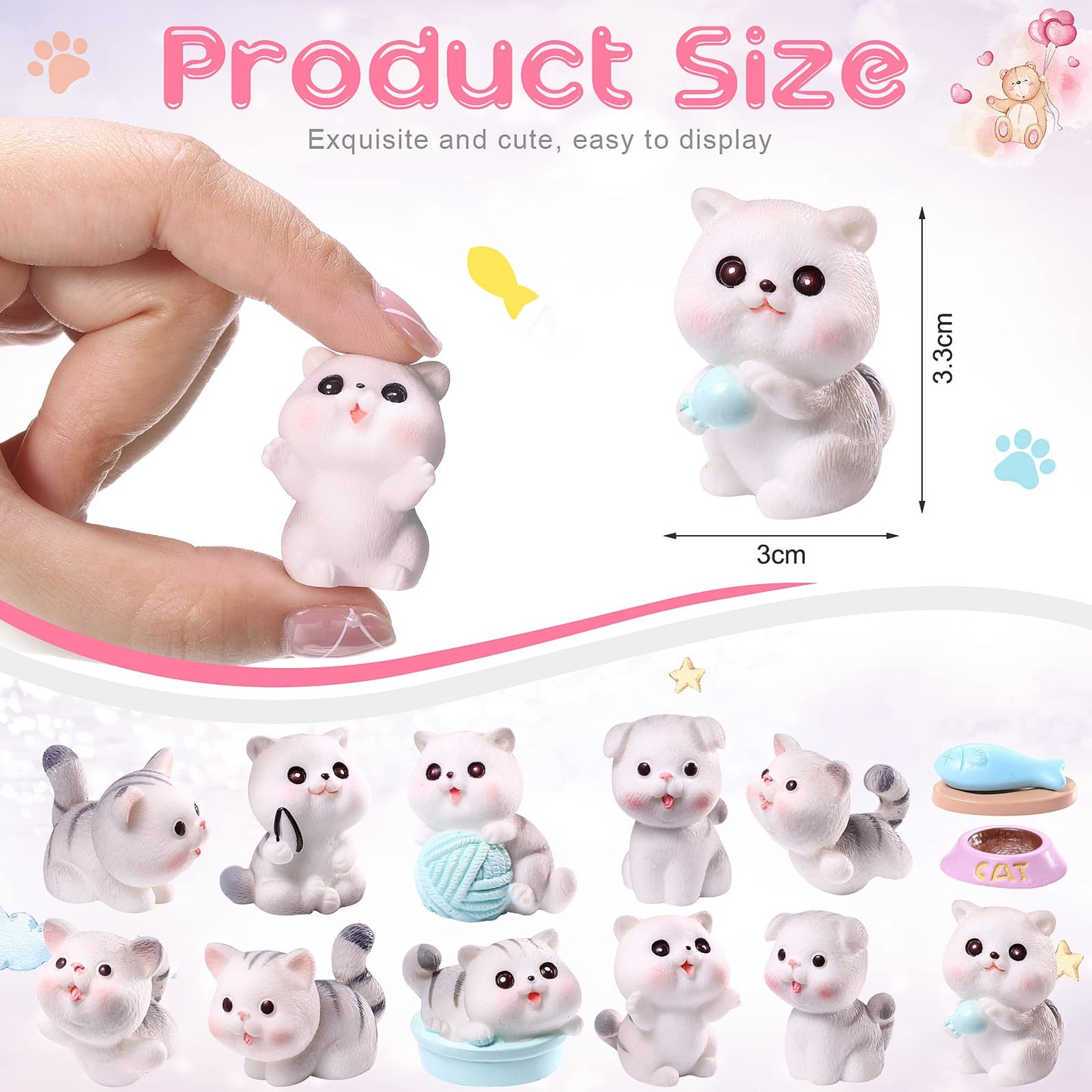 14 Pcs Cat Figurines Cute Miniature Figures Mini Cat Cake Toppers Moss Landscape Waterproof Resin Kitten Garden Miniature Terrarium Figurines for Garden Home Party Cake Decor Supplies (Gray)