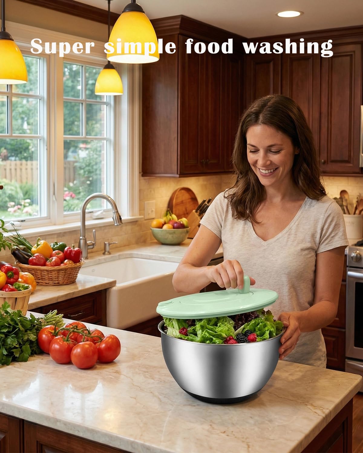 VVAKAM 5.3QT Salad Spinner Large,Stainless Steel Lettuce Spinner,Fruit Vegetables Wash Bowl with 5 Blade Slicer,Egg Yolk Strainer Slicer Shredder,Kitchen Colander for Salad Make and Food Washing