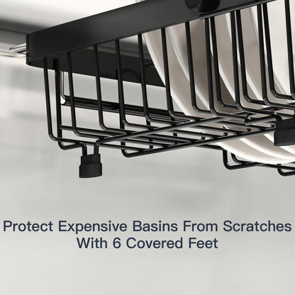 MAJALiS Expandable Stainless Steel Over The Sink Dish Drying Rack for Small Kitchen Counter Space Saving, Compact RV Plate Drainer Strainer in Black Wire Metal with Hanging Adjustable Utensil Holder