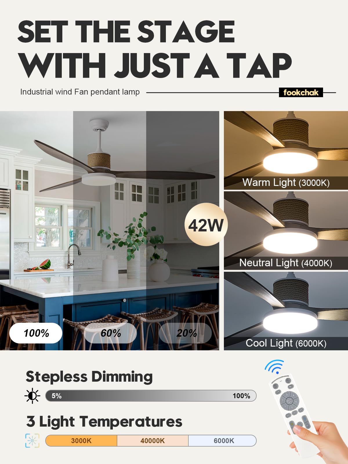 FookChak 72in Large Boho White Ceiling Fan Lights with Remote Control 42W LED Coastal Ceiling Fan with Lights 3 Blade Weathered Wood Ceiling Fans Outdoor Farmhouse for Patio Living Room Kitchen