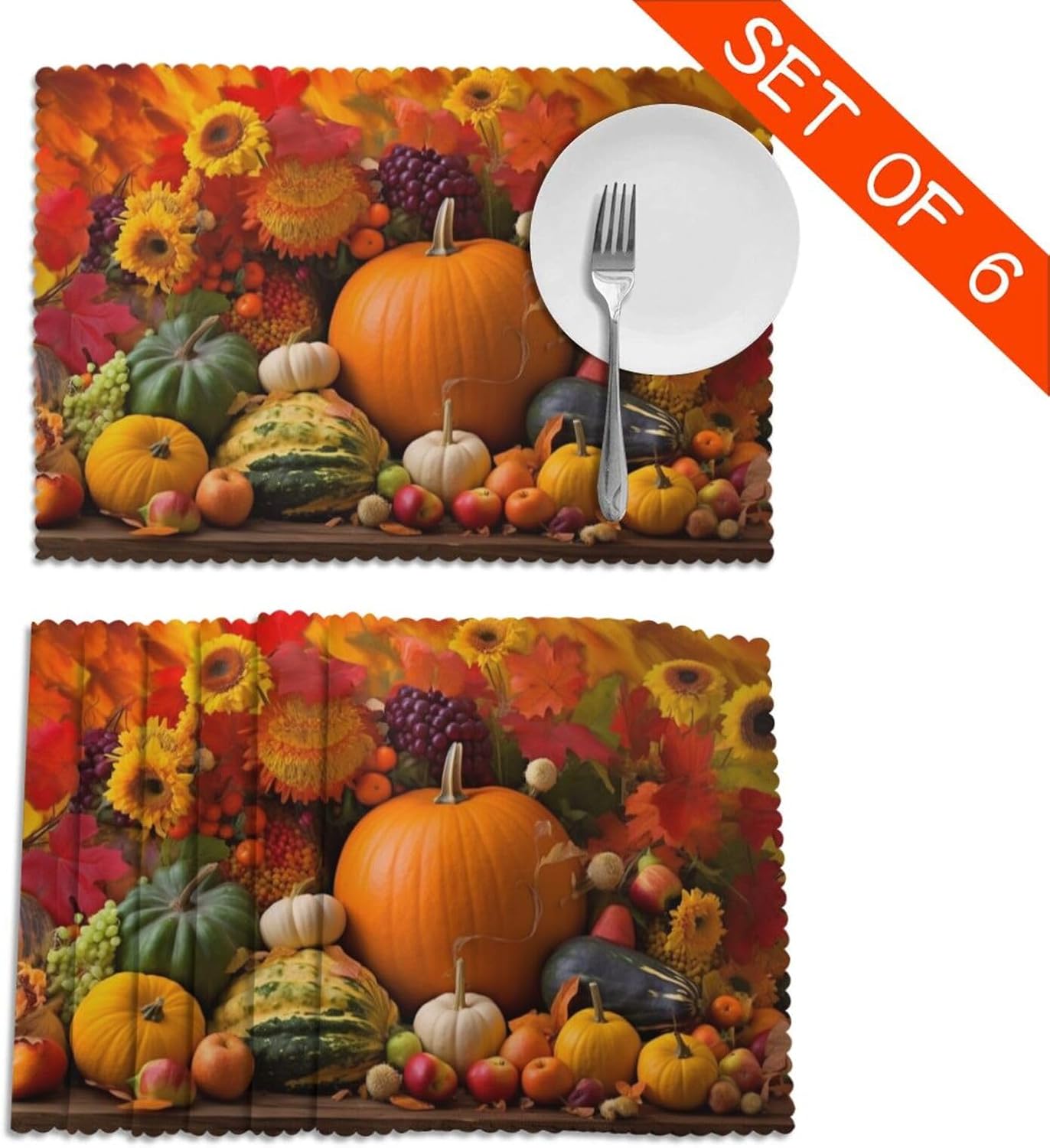 Autumn Fall Pumpkins Placemats Set of 6, Non Slip Heat-Resistant Washable Table Place Mats for Kitchen Dining