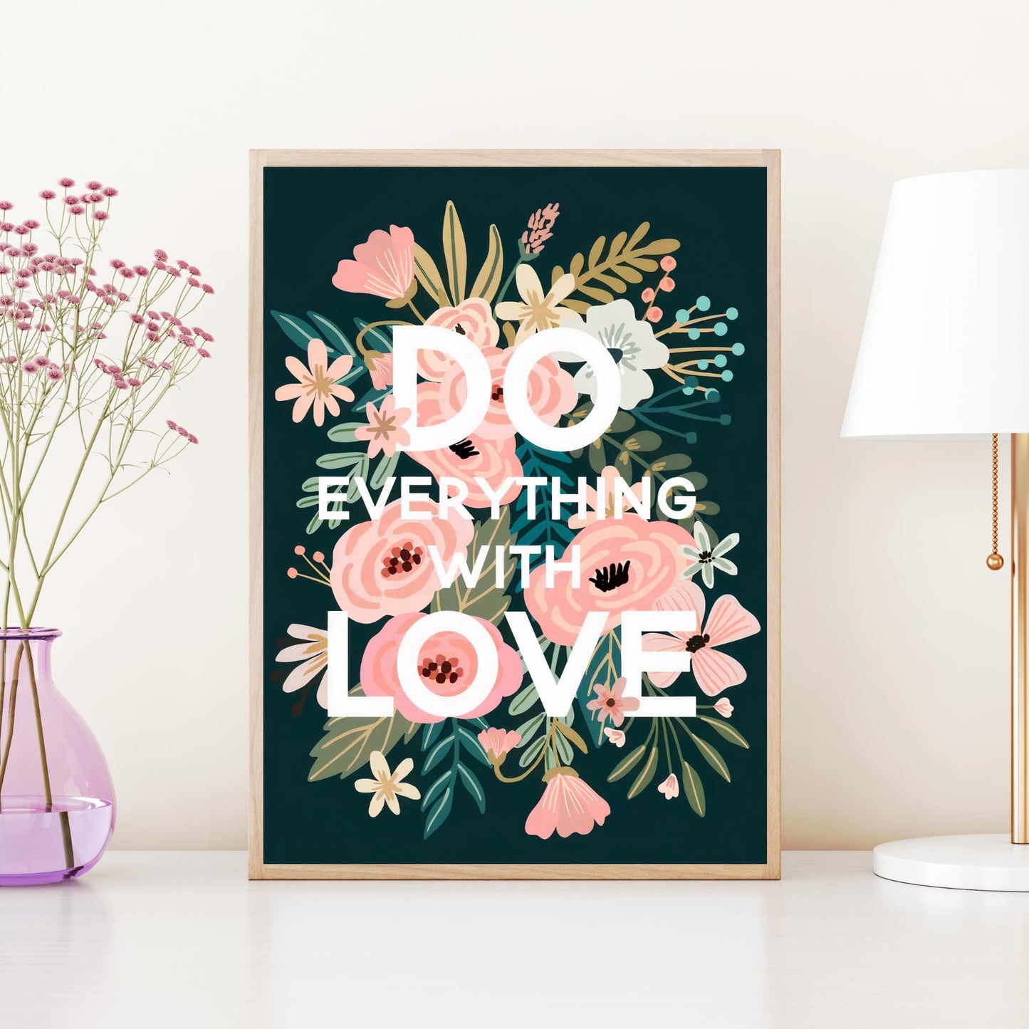 Modern Merch Flowers Diamond Art for Adults Motivational Quote and Sayings 'Do Everything with Love' Inspiring 5D Diamond Painting for Adults, Floral Wall Decor DIY Cross Stitch Round Drill 12x16