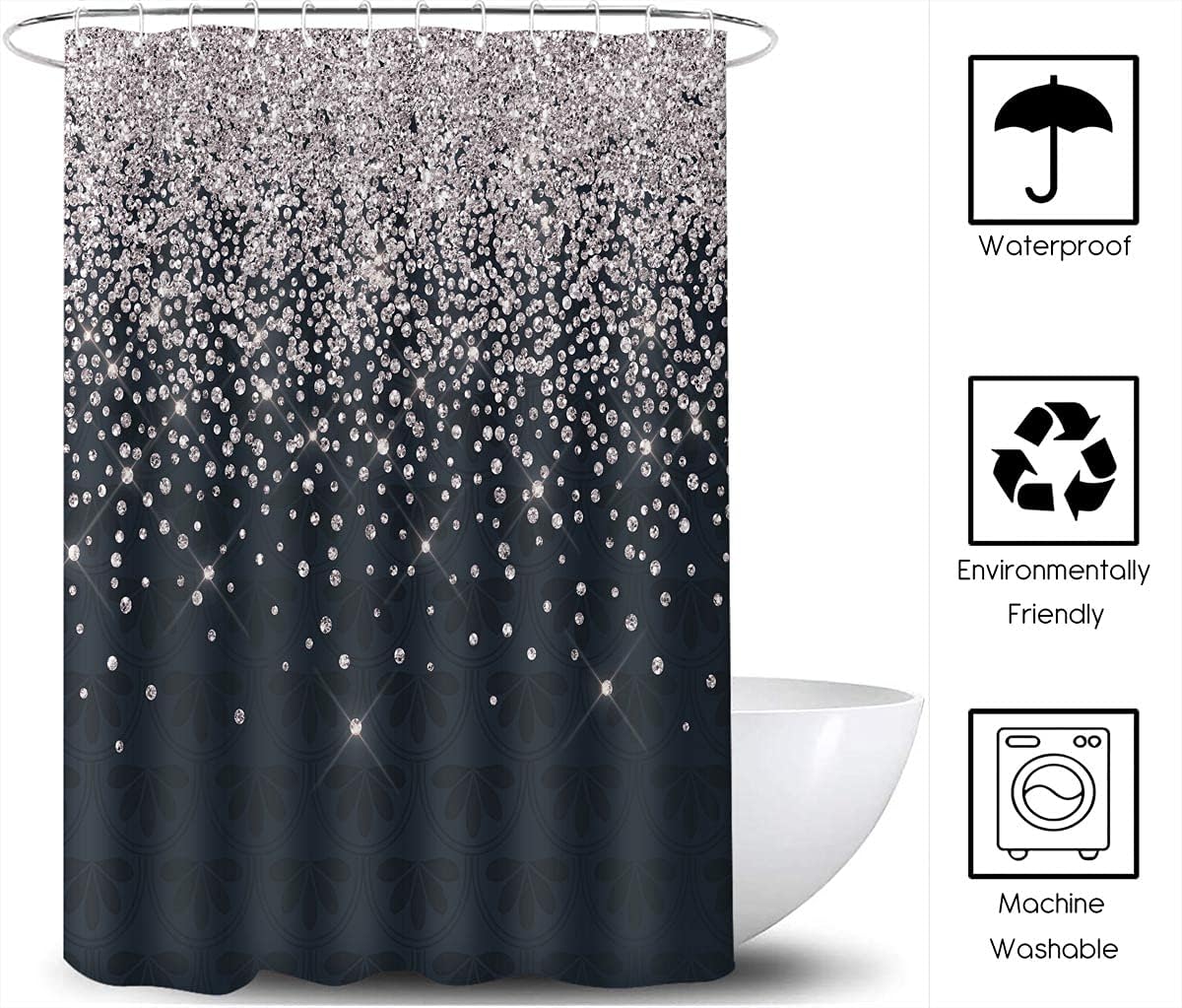 Silver Gray Bokeh Shower Curtain, Falling Snow Night Sky Stars 3D Printed Fabric Bathroom Curtain, 70 x 72 Inch