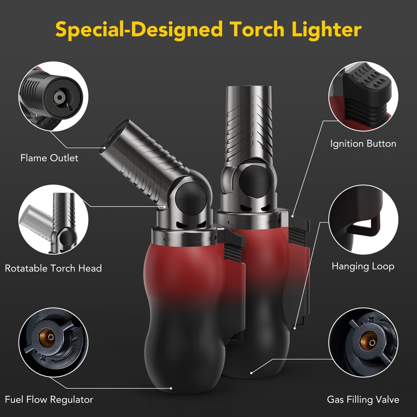 TBTeek Torch Lighter, Portable Kitchen Torch with 45° Rotatable Head, Adjustable Flame, Refillable Butane Torch Lighter