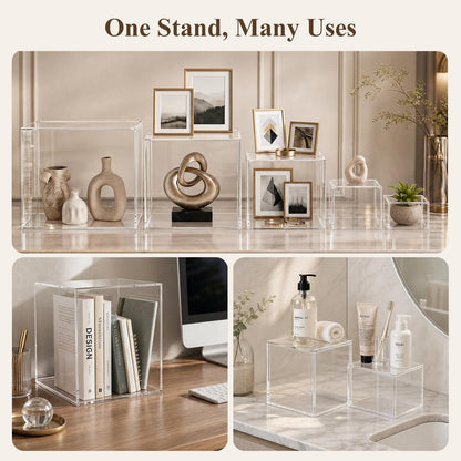 DomeStar 6PCS Clear and White Buffet Risers with Mini Sign, Food Risers Dessert Table Display Set for Buffet Table Party Catering Cupcake Cake Jewelry, Nesting Boxes for Food Display 8" 7" 6" 5" 4" 3"