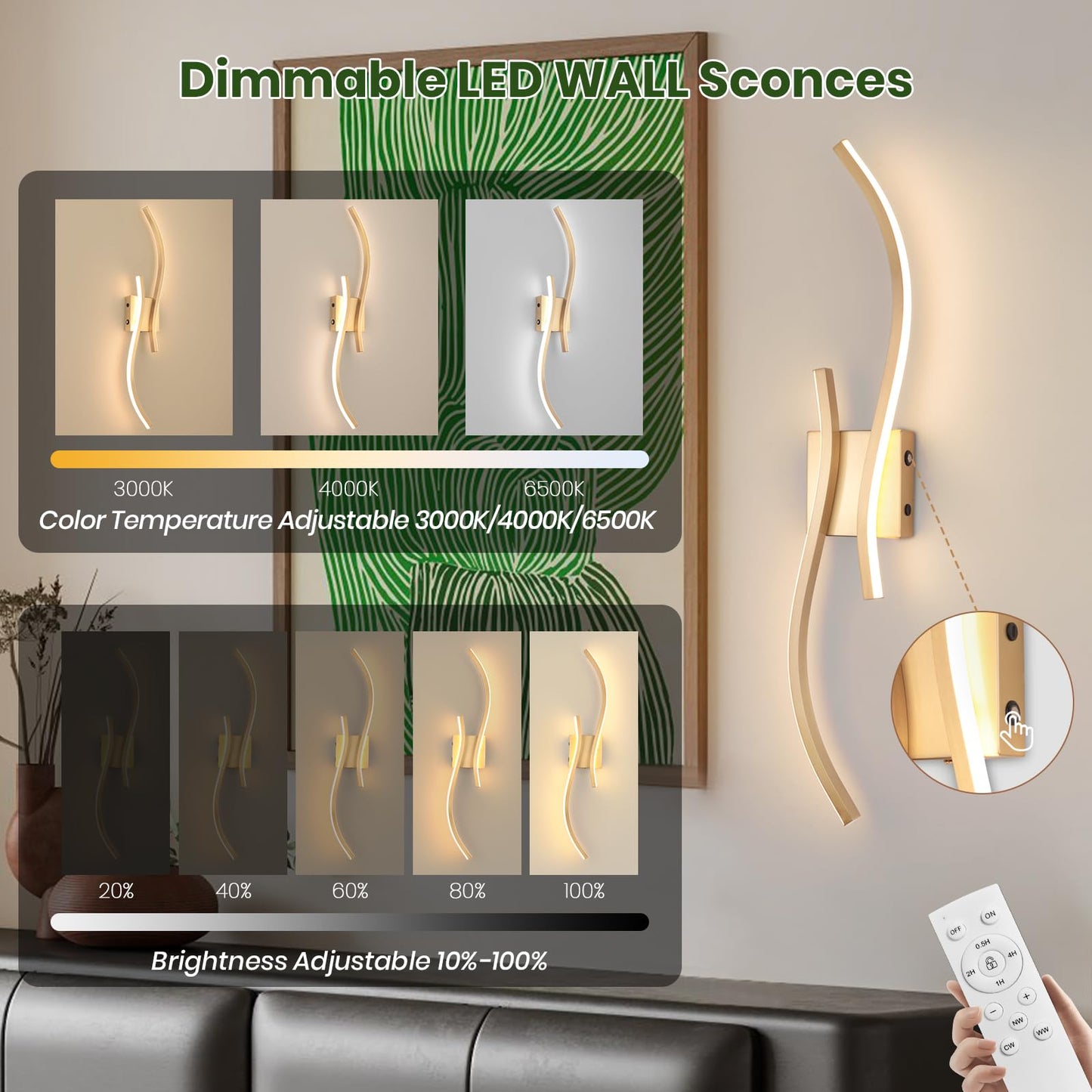 CANEOE Battery Operated Wall Sconces with Remote Control,10000mAh USB Rechargeable Gold Wall Light,3000K-6000K LED Wireless Wall Lamp for Bedroom,Hallway,Background Wall,31.5inch,1 Pack