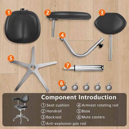 Dental Assistant Chair PU Leather with Swivel Armrests, Rolling Dental Chair, Ergonomic Swivel Dentist's Stool with Backrest for Clinics, Tattoo, Home and Laboratory - Black