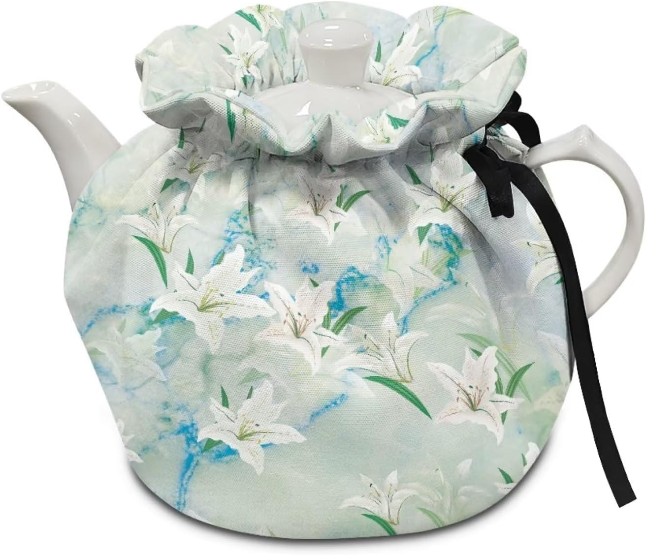 Vintage Cotton Tea Cozies Cover for Teapots, Insulation Breakfast Kettle Cover with Elastic Band, White Lily Print