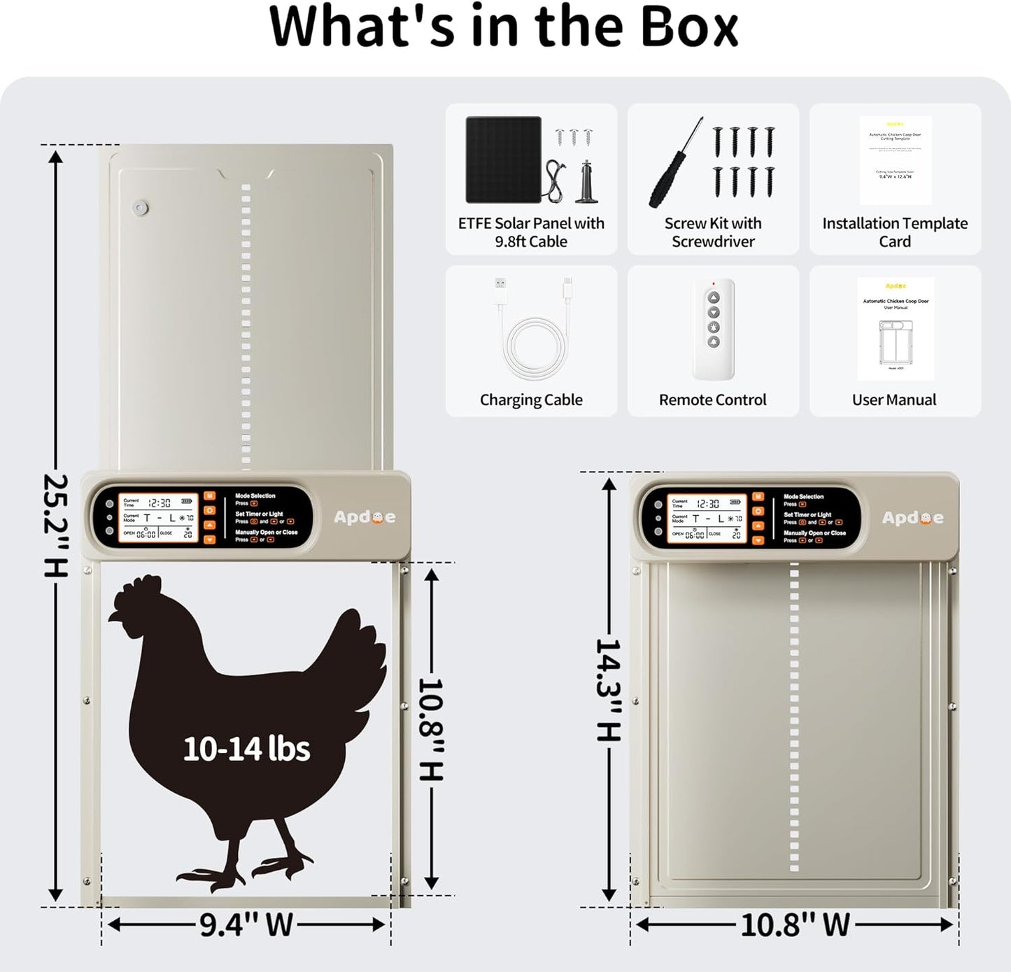 Anti-Pinch, 4 Automatic Chicken Coop Door Solar Powered with Timer, Light Sensor, Remote Control, Waterproof, Aluminum