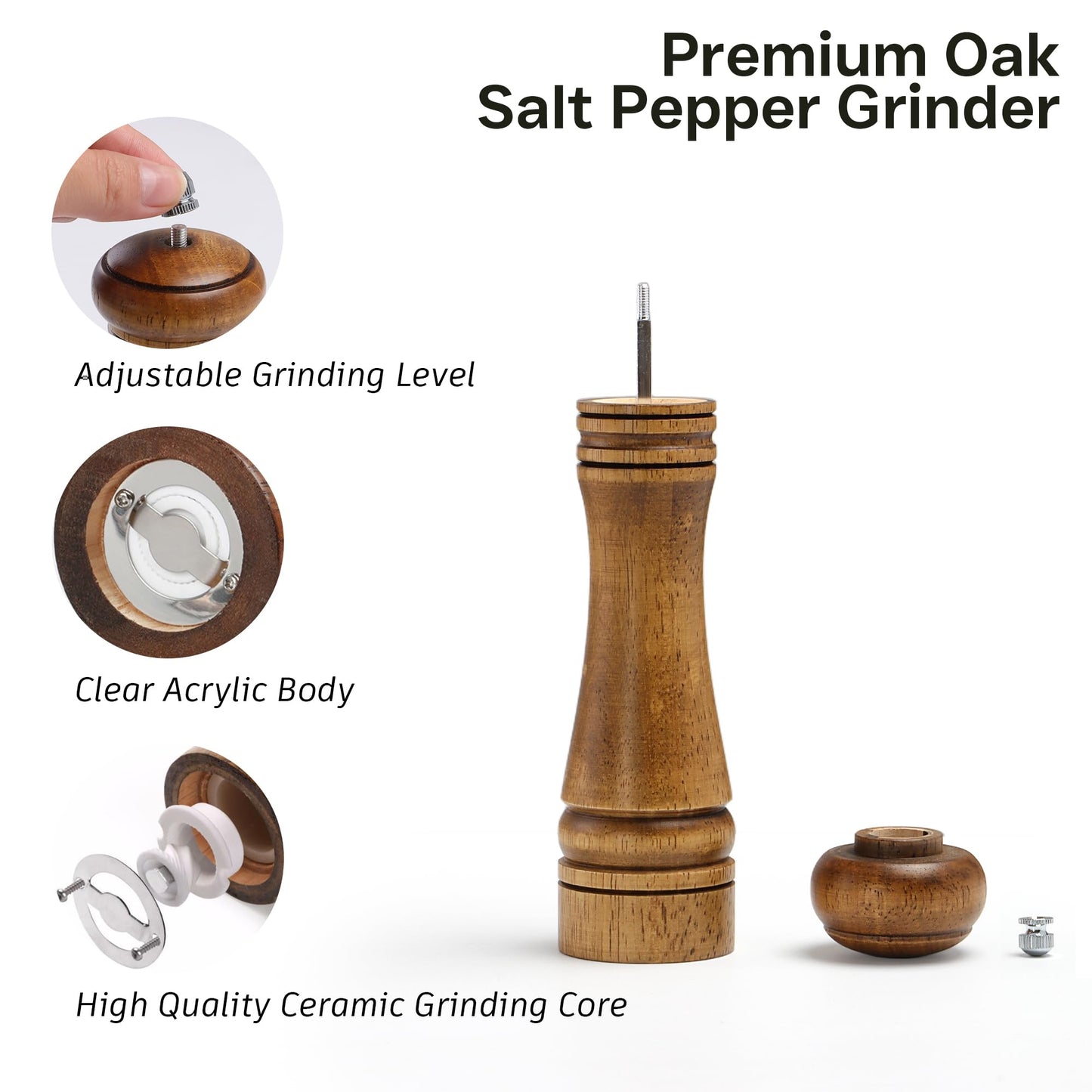 M JINGMEI Wood Salt and Pepper Grinder, Salt Grinder and Pepper Mill, Oak Wood Shakers with Adjustable Ceramic Grinders (8″ - 1 Pack with Tray)