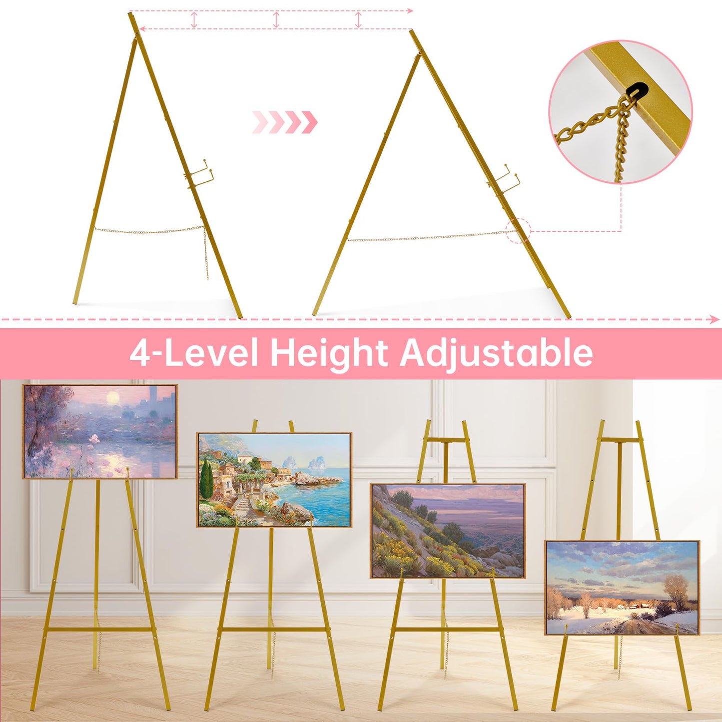 Fatilin 43.5" Gold Easel Stand for Sign, Heavy Duty Easel 4-Tier Adjustable Metal Floor Display Easel for Wedding Signs, Welcome Signs, Posters, Mirrors, Pictures, Art, Parties & Paintings
