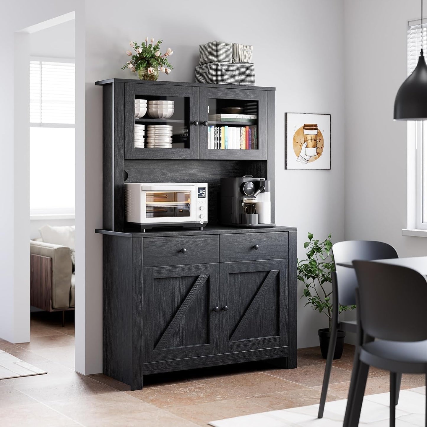 63" Tall Farmhouse Kitchen Pantry Cabinet with Microwave Stand, Freestanding Pantry Hutch Cabinet with Adjustable Shelves, Drawers & Countertop, Buffet Cupboard for Dining & Living Room Storage, Black