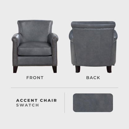 Lexicon 100% Top Grain Genuine Leather Chair, Leather Accent Chairs for Living Room, Solid Wood Frame, Rolled Armrest & Nailhead Trim, Comfy Reading for Bedroom, Office, Waiting Room, Burnish Gray