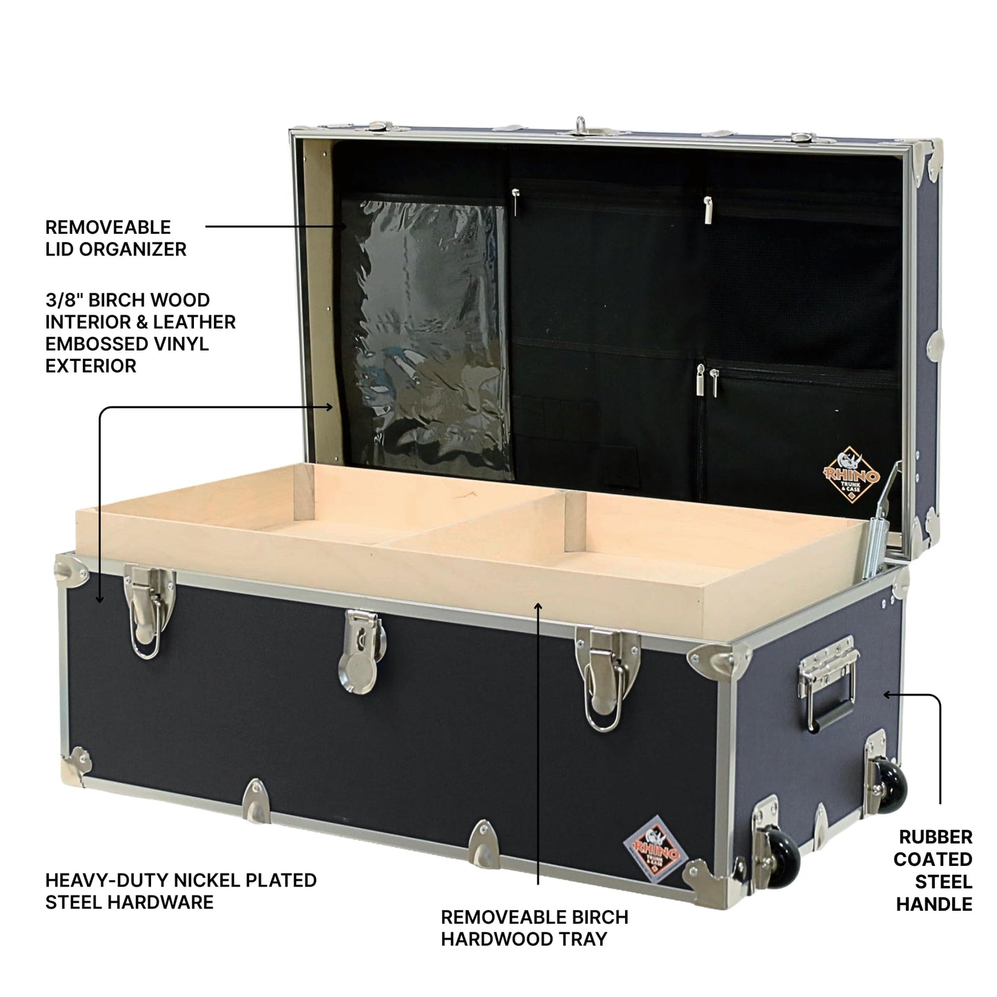 Rhino Trunk & Case Small Essential Trunk With Wheels, Tray, & Lid Organizer - 30"x17"x13", 1000+ lbs Capacity. Strong, USA Made Summer Camp Footlocker, and Secure College Dorm Storage Chest