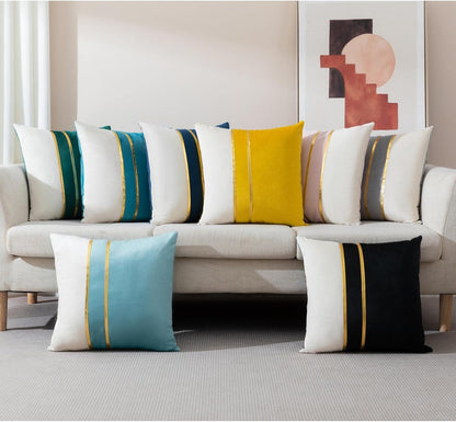 ZLINA Set of 2 Velvet Decorative Throw Pillow Covers - Aqua Green White Patchwork with Gold Leather Pillow Covers 18 ×