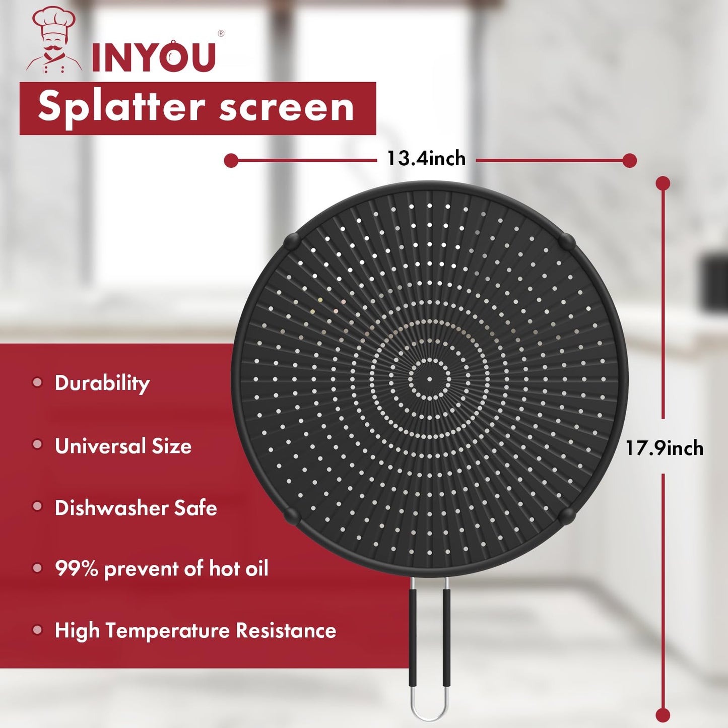 INYOU Silicone Splatter Screen for Frying Pan Suitable for 13” Pans, Multi-Use Grease Splatter Guard Heat Resistant to Hot Oil Food Safety Oil Splash Guard