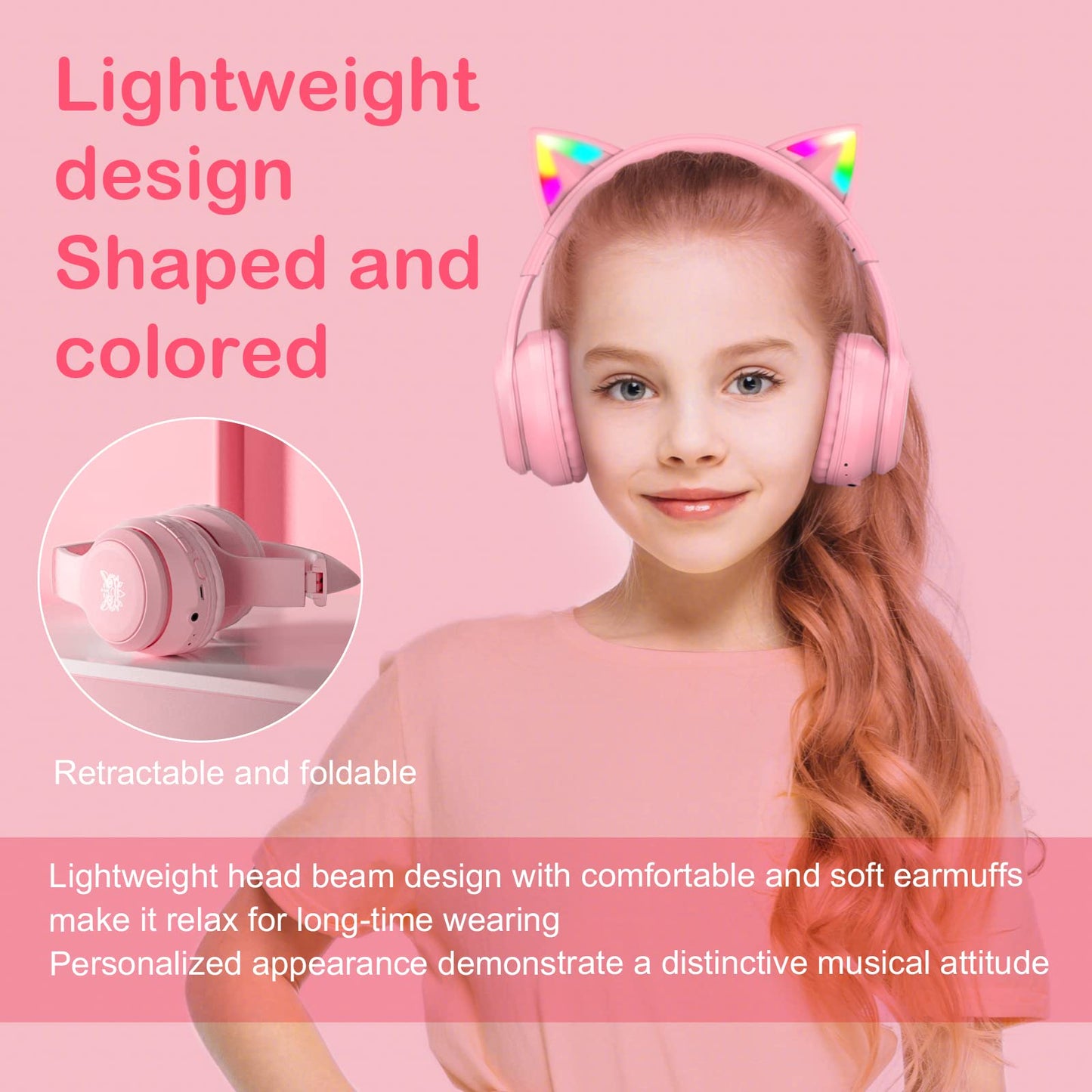 SIMGAL Pink Bluetooth Cat Ear Headphones for Kids & Adults, Wireless & Wired Mode Foldable Headset with Mic - Clear Sound Quality - RGB LED Light, for Girls School Gaming, for Phone/Laptop/PC/Tablet