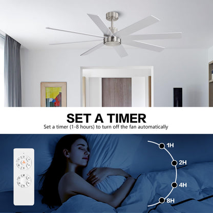 WINGBO 60" Large DC Ceiling Fans without Lights, 3 Downrods, 8 Plywood Blades, 6-Speeds Reversible DC Motor, Indoor Ceiling Fan No Lights for Bedroom Living Room Patio, Brushed Nickel and Silver