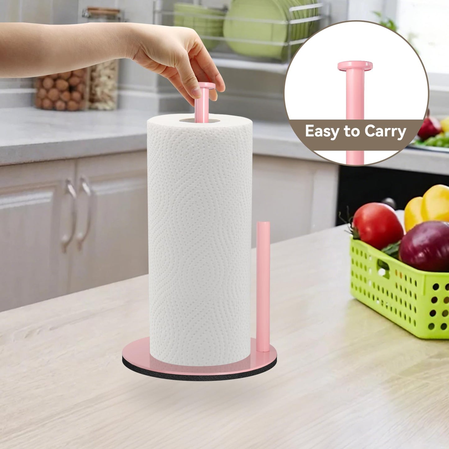 Paper Towel Holder Pink, Paper Towel Holder Countertop with Anti Slip Weighted Base, Stainless Steel Freestanding Paper Towel Holders for Kitchen