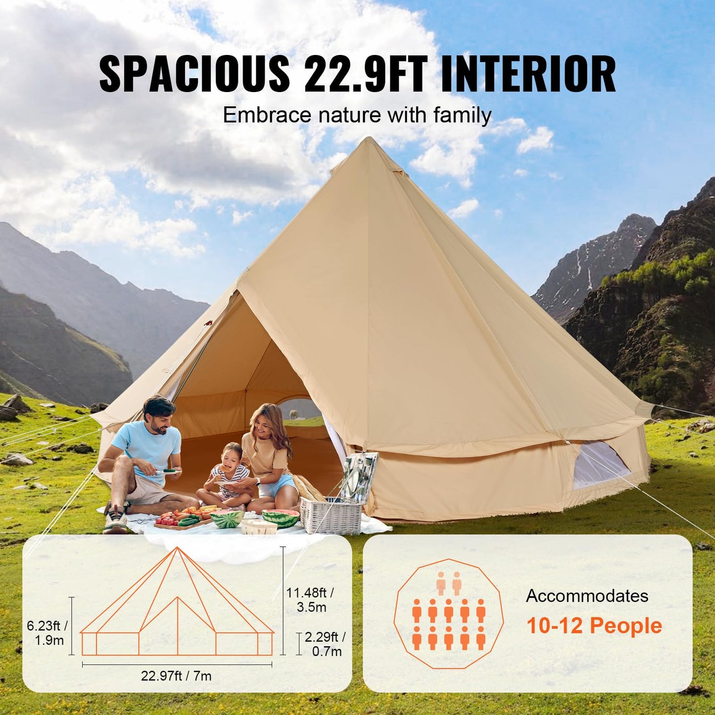 VEVOR Canvas Tent Bell Tent, 4 Seasons 7 m/22.97 ft, for Camping with Stove Jack, Family Camping Outdoor Hunting Party