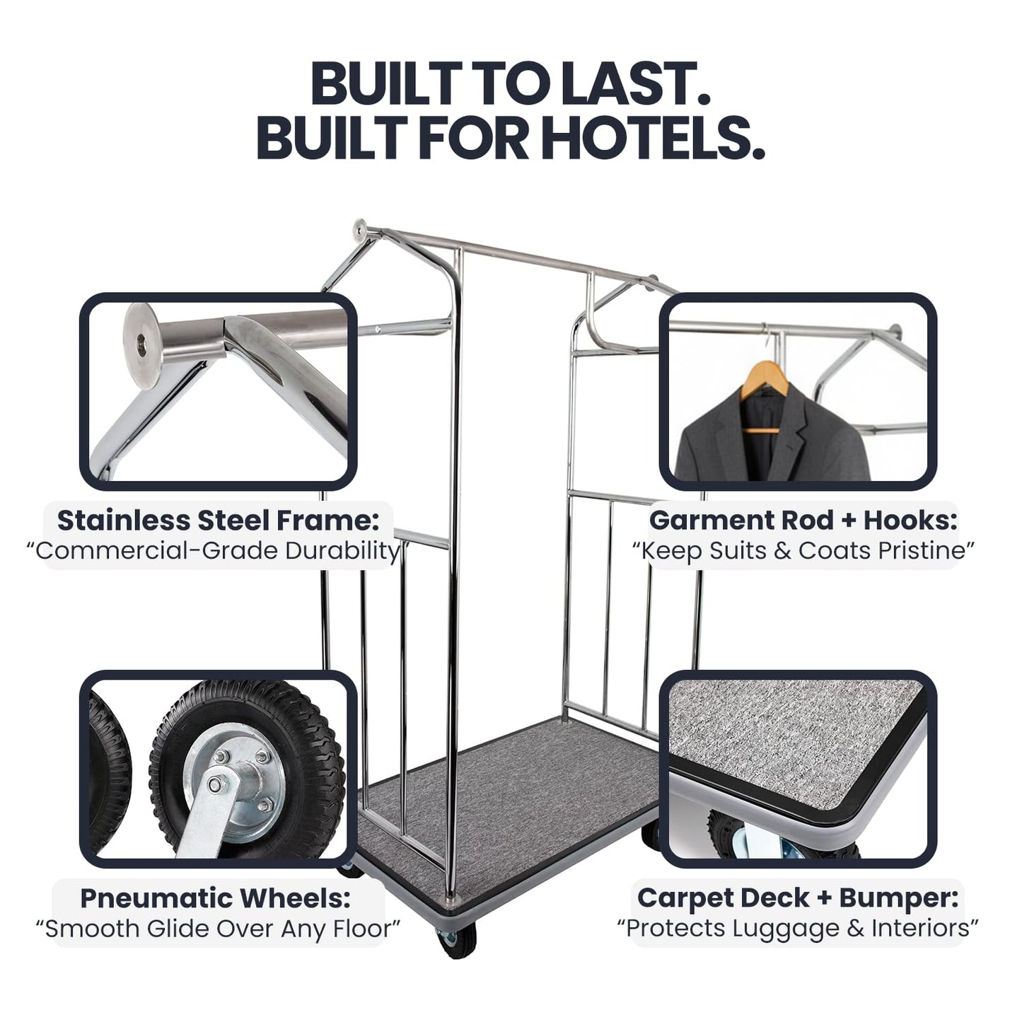 Wholesale Hotel Products Chrome Steel Luggage Cart – 800lb Capacity – Bellman Cart w/ 6” Air Filled Tires & Gray Carpet, for Hotel, Resorts, Condos, Commercial Use (Value Valet Series)