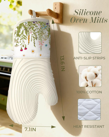 Slohif Long Silicone Oven Mitts Heat Resistant for Women - 2 Pcs Flowers 100% Cotton Oven Gloves, Non-Slip and Waterproof Silicone Oven Mitts with Hanger for Baking and Cooking