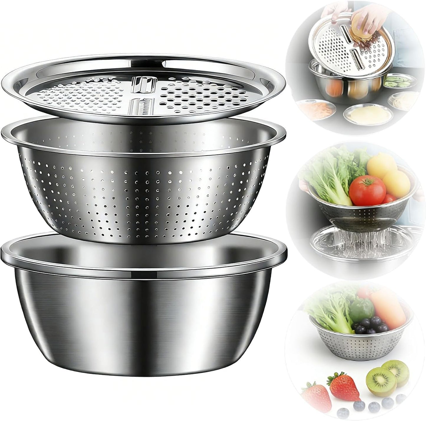 Stainless Steel Mixing Bowls Set, Grating Bowl, 3 in 1 Multifunctional Stainless Steel Basin Strainer Set with Grater, Strainer Drain Basket for Rinsing Draining Mixing (10.2"/26cm)