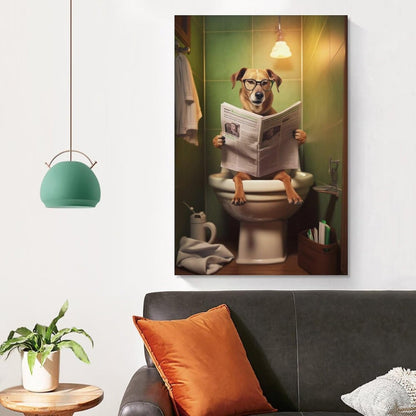 FireDeer Funny Bathroom Canvas Wall Art - Dog Reading Newspaper on Toilet Poster Humor Painting for Farmhouse Decor