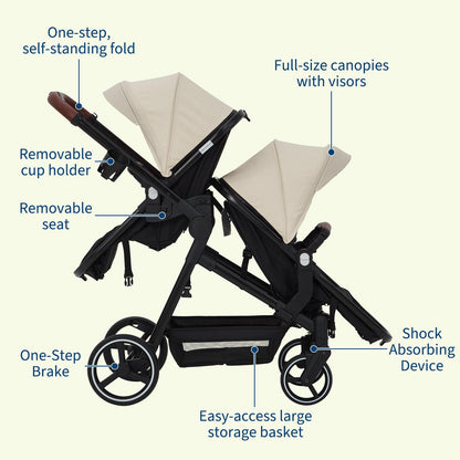 Tandem Double Stroller for Twins, Foldable Baby Stroller for Newborns 0-6 Months, Reversible Adjustable Seats, Shock-Absorbing Swivel Wheels & One-Step Brake, Storage Basket & Sun Canopy, Beige