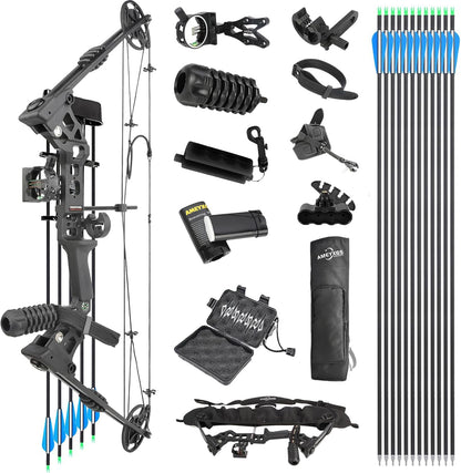 Compound Bow Kit, Hunting & Targeting, Gordon's Limb Made in USA, Draw Weight 20-70 lbs Adjustable, Draw Length 24”-29.5",up to IBO 320FPS Speed, Package with Archery Hunting (Black, Right Hand)