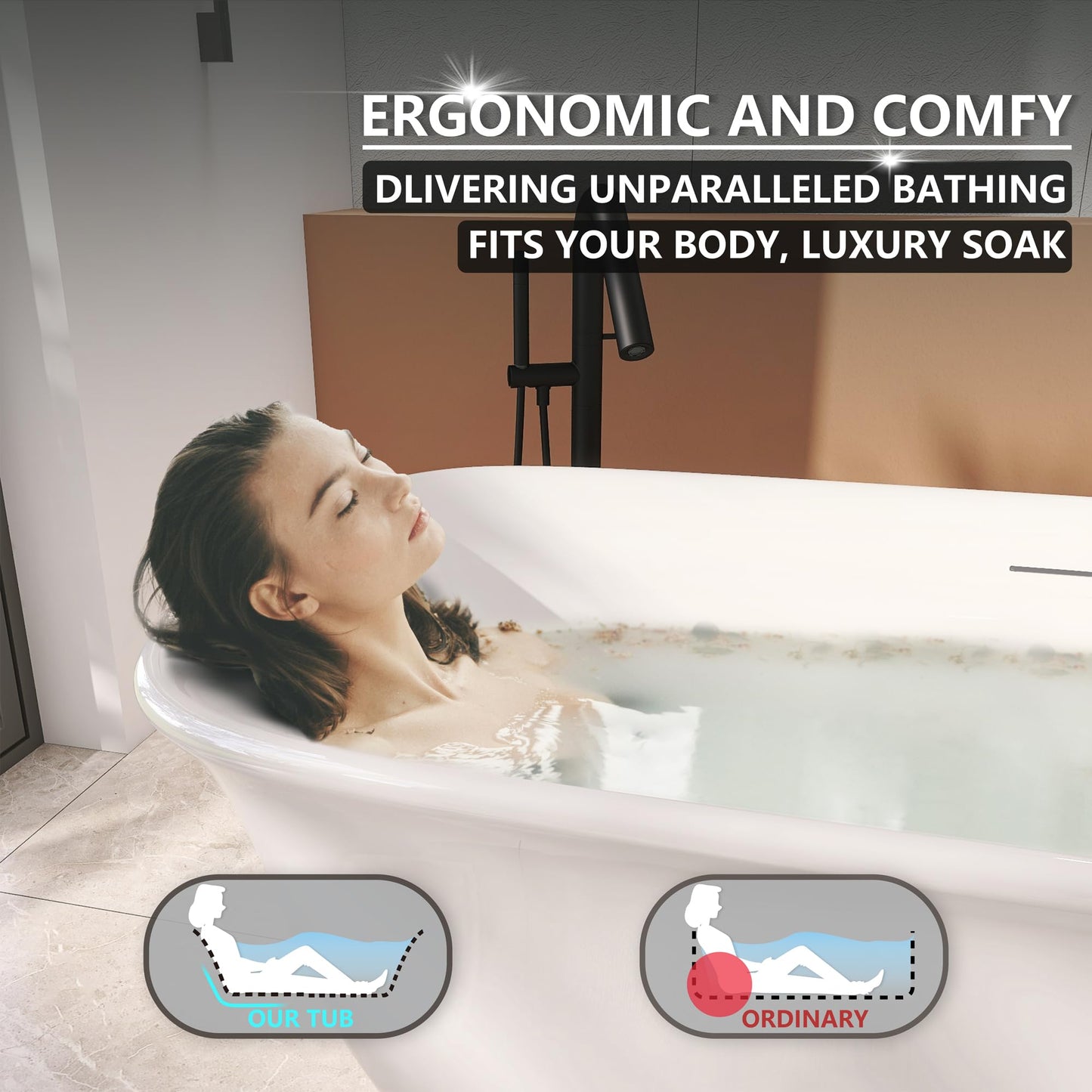 Adecab 59" Acrylic Freestanding Bathtub, Soaking Tub for Bathroom, Stand Alone Tub, cUPC Certified, Integrated Overflow and Drain, Gloss White