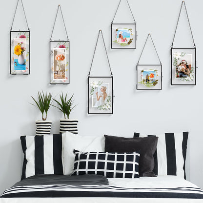 Barydat 9 Pcs Black Pressed Flower Frames 4''x 9", 6''x 8", 6" Square Brass Hanging Picture Frame Floating Art Photo Display with Brass Chain for Dried Plant Specimen Gallery Wall Decor