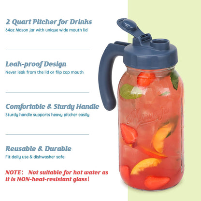 Soligt Glass Mason Jar Pitcher with Lid, Wide Mouth Flip Cap Pour Spout Leak-proof Lid with Handle, 64 oz (2 Quart / 1.9 Liter), Navy and Yellow, 2 Pack