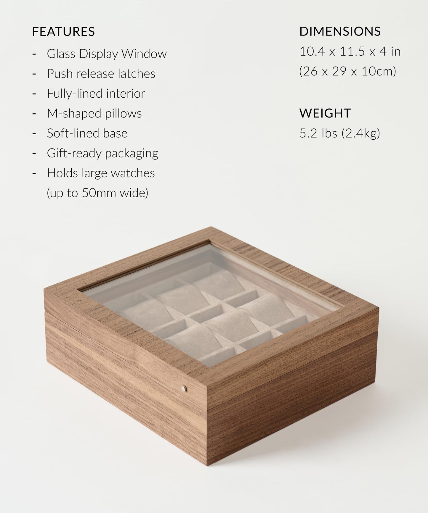 TAWBURY Wooden Watch Case - 12 Slot Wood Watch Box for Men & Women with Protective Fully Lined Interior and 2-inch Wide Pillows for Small & Large Watches (Dark Walnut)