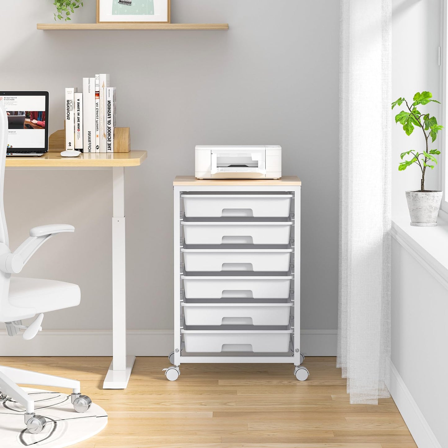 SYKIARIOL Rolling Cart with Drawers,Utility Cart with 6 Drawers,Rolling Storage Cart with Drawers and Wooden Tabletop & Lockable Wheel,White