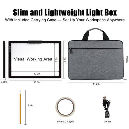 Fiqiuuiid A4 Rechargeable LED Light Pad, Tracing Light Box with 6-Level Dimmable & Light Guide artboard, Diamond Painting Light Board with Stand and Top Clip, Cordless Lightbox with Carrying Case
