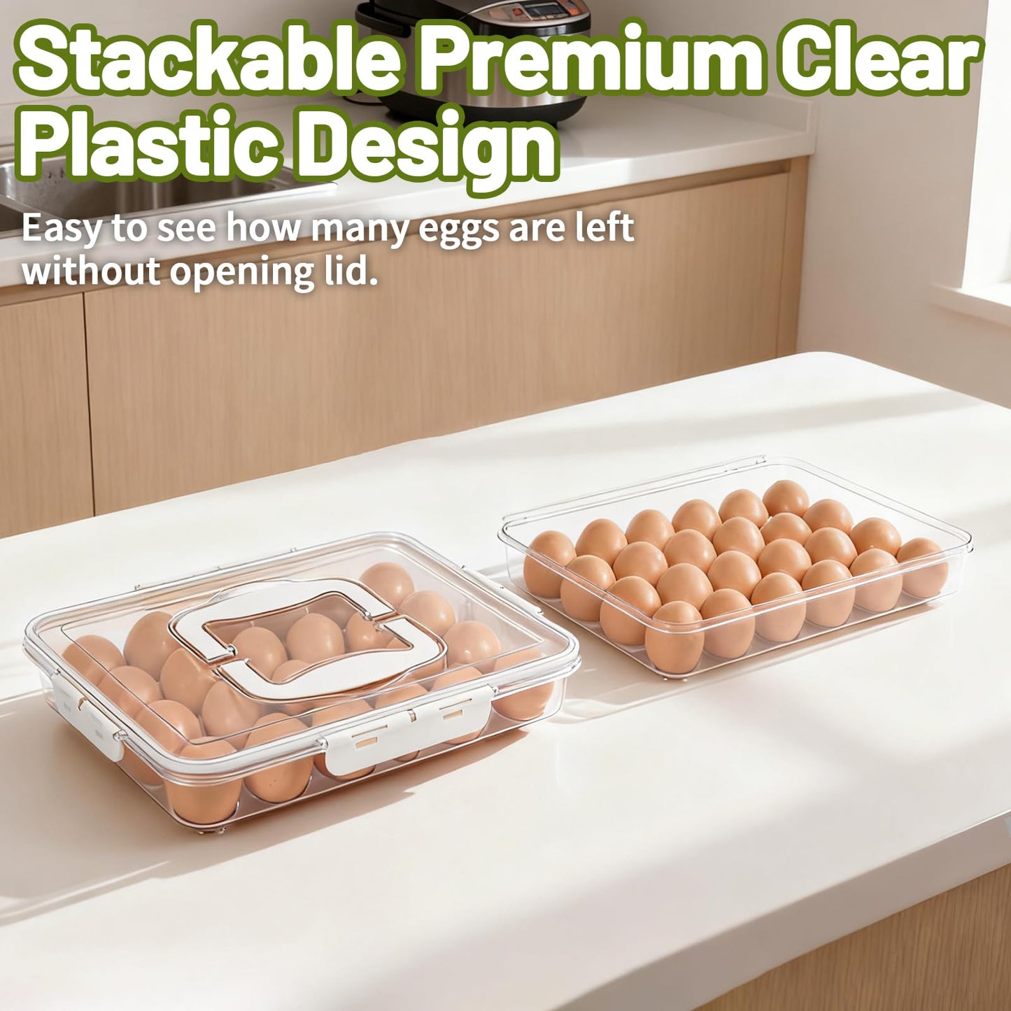 RoskDeewat Deviled Egg Containers with Lid, 2 Pack Thick Clear Plastic Deviled Carrier with Handle Storage 48 Eggs, Stackable Egg Holder Portable Tray Platter for Fridge, Travel, Party-White