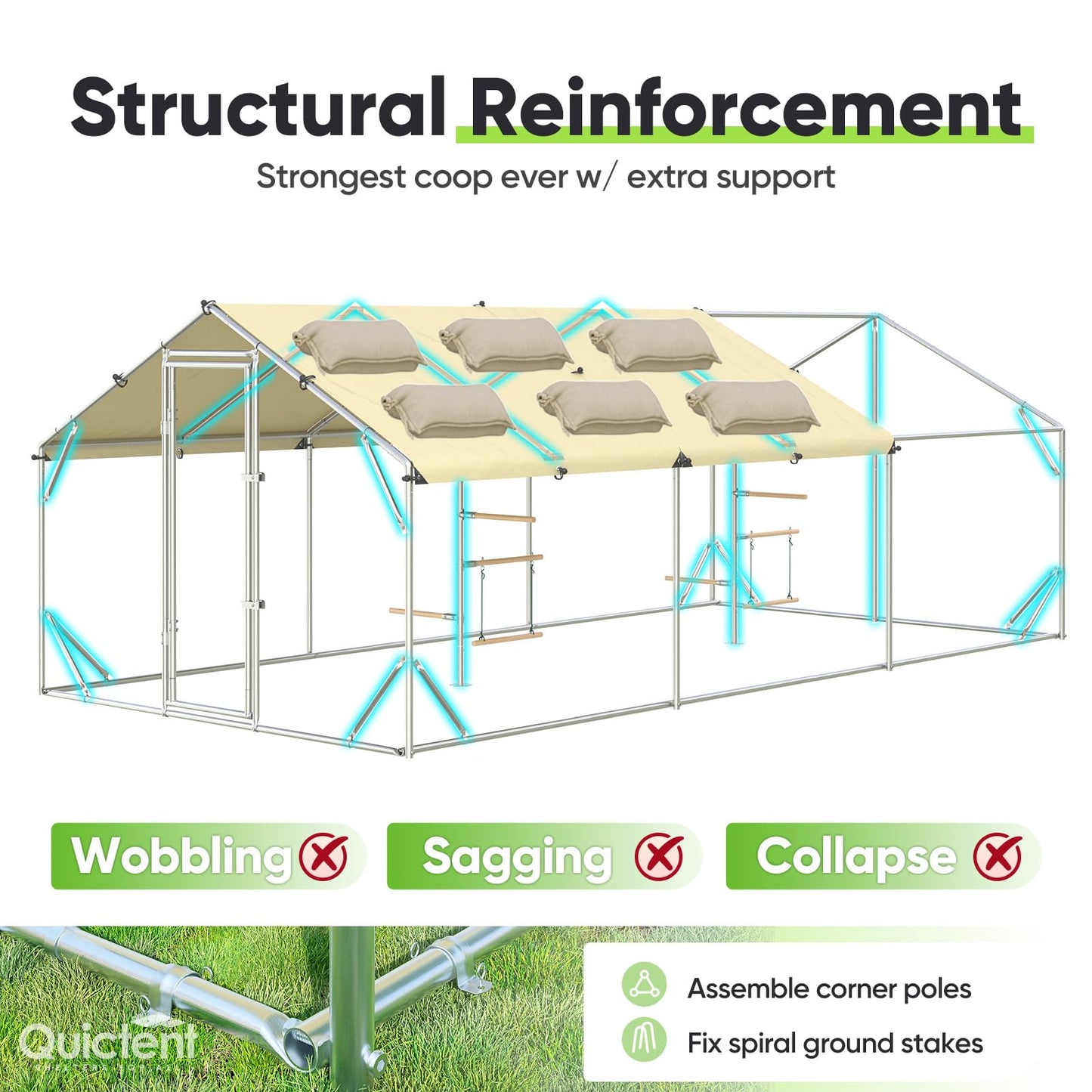 Quictent 18x9x6.6ft Metal Chicken Coop Run with Perch & Swing, Elite Series Large Walk-in Outdoor Poultry Cage Heavy Duty Predator Proof Hen Duck Rabbit Farm Pen House, Waterproof Anti-UV Cover