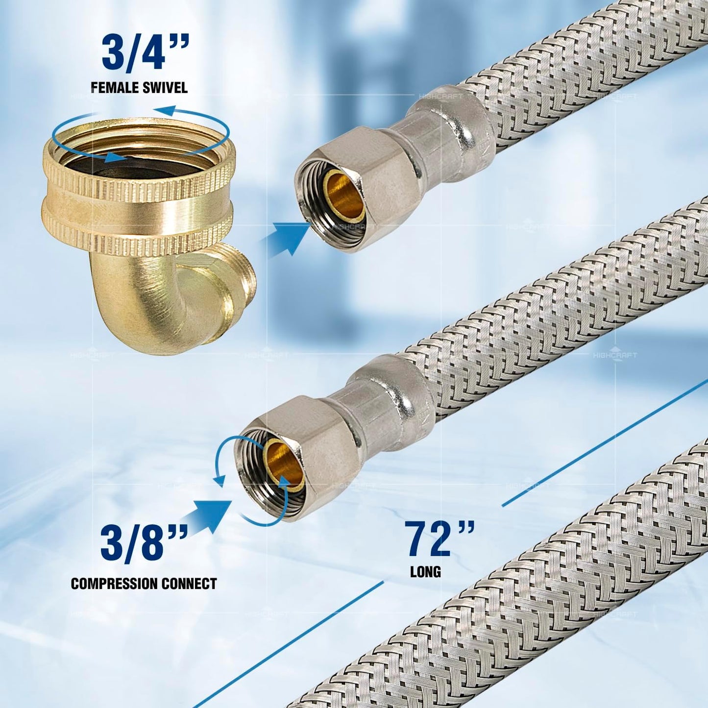 CNCT28772-OM Connector - Dishwasher Supply Line with Swivel Elbow, Braided Stainless Steel, 72 Inch