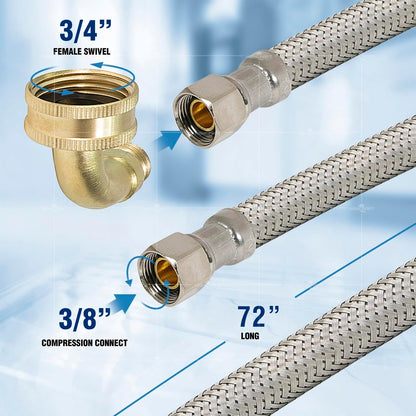 CNCT28772-OM Connector - Dishwasher Supply Line with Swivel Elbow, Braided Stainless Steel, 72 Inch